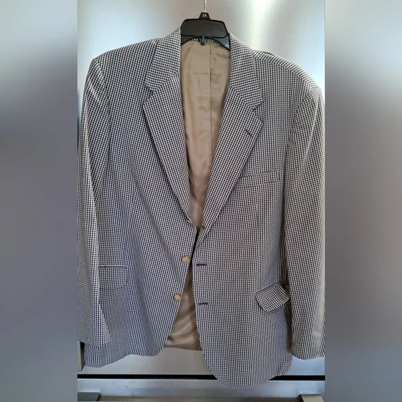 Vtg Orvis Sport Coat Blazer Blue Gingham Mens 46L Made in USA 90s Office Church